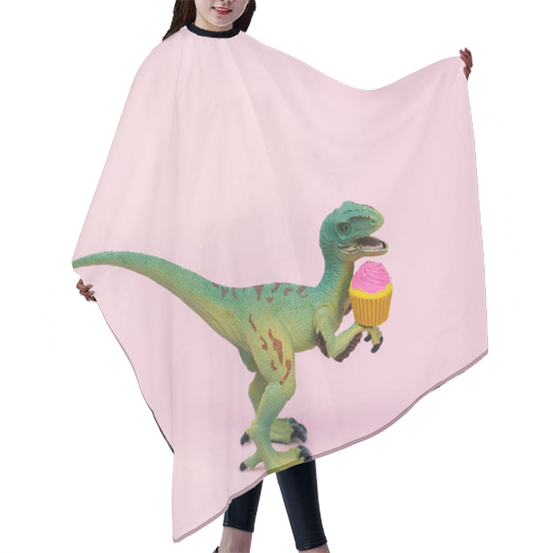 Personality  Cute Green Plastic Dinosaur Toy With Cupcake Decorated  Pastel Pink Background. Hair Cutting Cape