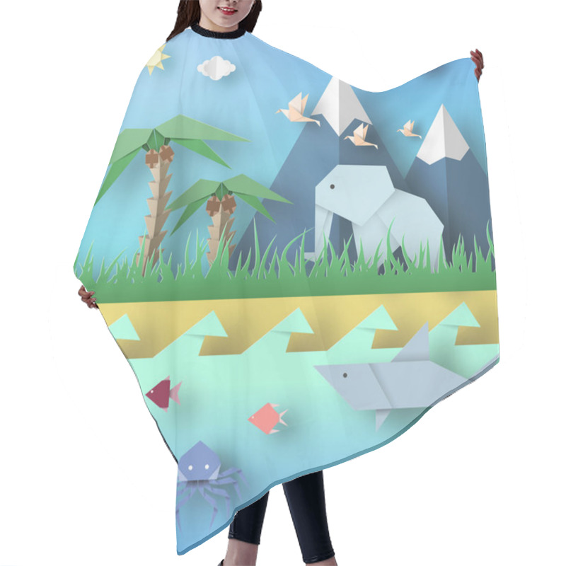 Personality  Paper Origami Abstract Concept, Applique Scene With Cut Elephants, Birds, Underwater Life. Kids Cutout Template With Elements, Symbols. Landscape For Summer Cards. Vector Illustrations Art Design. Hair Cutting Cape