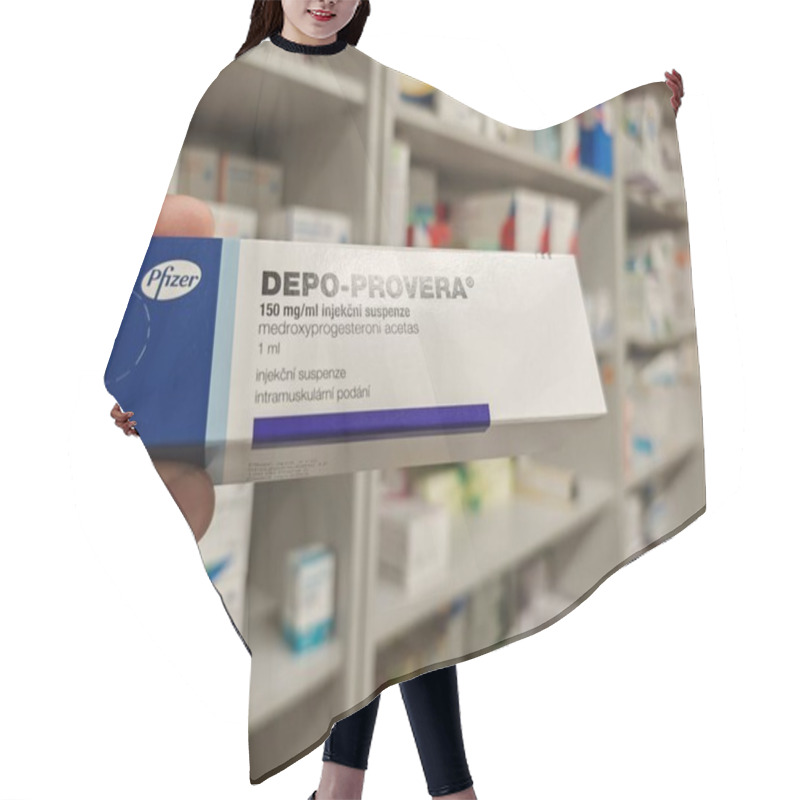 Personality  Prague, Czech Republic - July 9 2024: DEPO-PROVERA Box Of Medication With Medroxyprogesterone Acetate Active Substance By Pfizer, Used For Treatment Of Contraception, Menstrual Disorders, Endometriosi Hair Cutting Cape