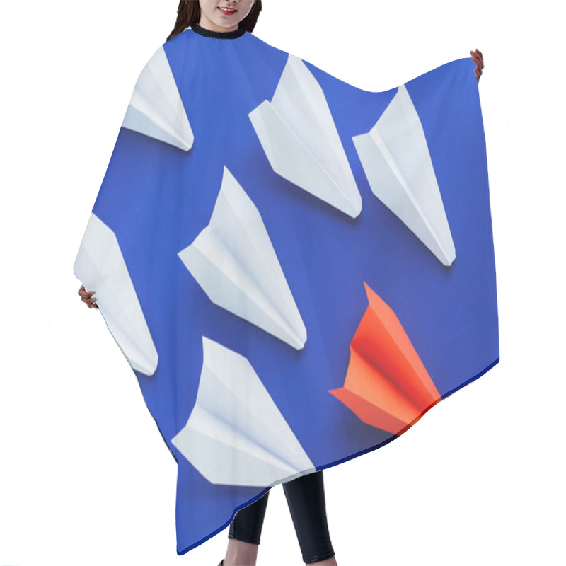 Personality  Top View Of White And Red Paper Planes On Blue Background, Leadership Concept  Hair Cutting Cape