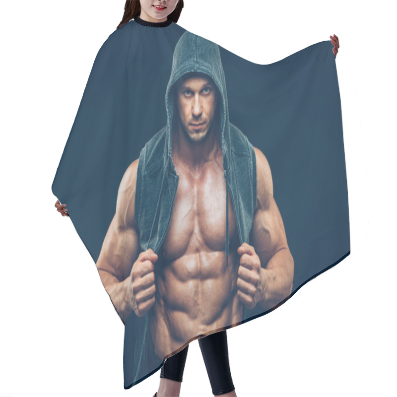 Personality  Man With Muscular Torso. Strong Athletic Men Fitness Model Torso Showing Six Pack Abs. Hair Cutting Cape