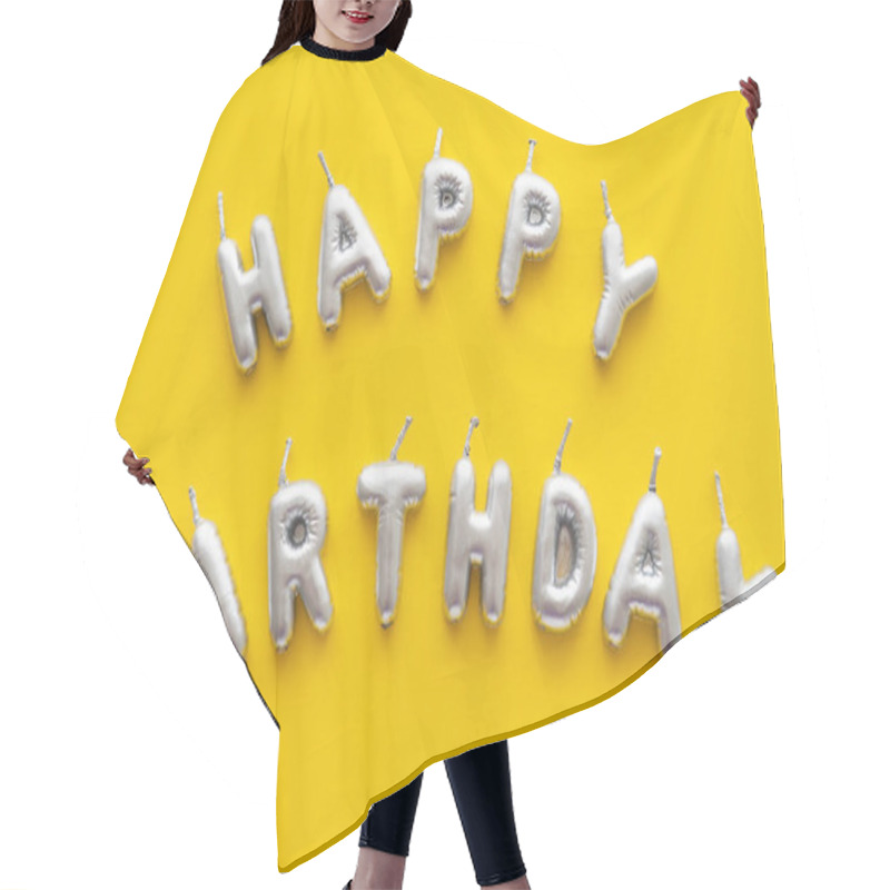 Personality  Top View Of Festive Candles In Shape Of Happy Birthday Lettering On Yellow Background  Hair Cutting Cape