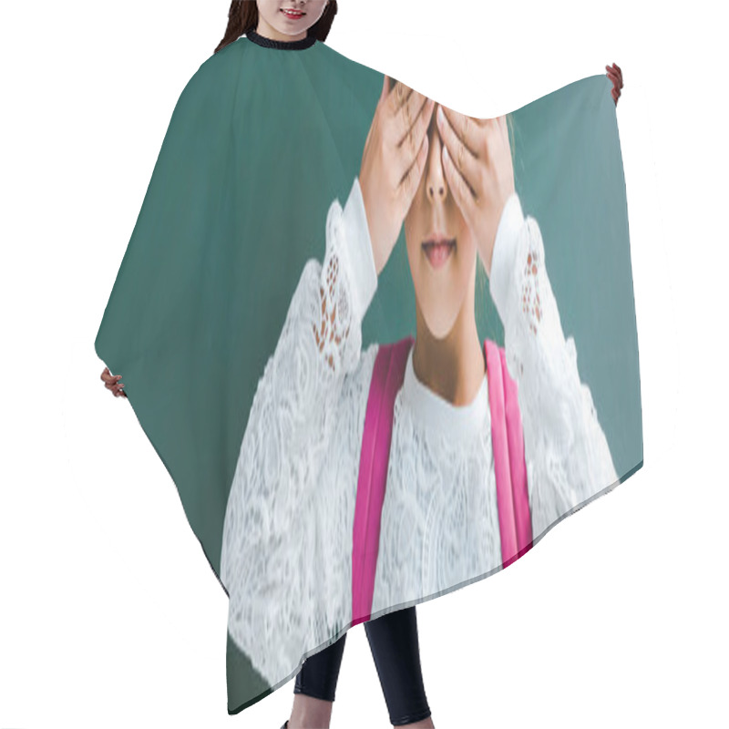 Personality  Panoramic Shot Of Cute Kid Covering Eyes With Hands On Green  Hair Cutting Cape