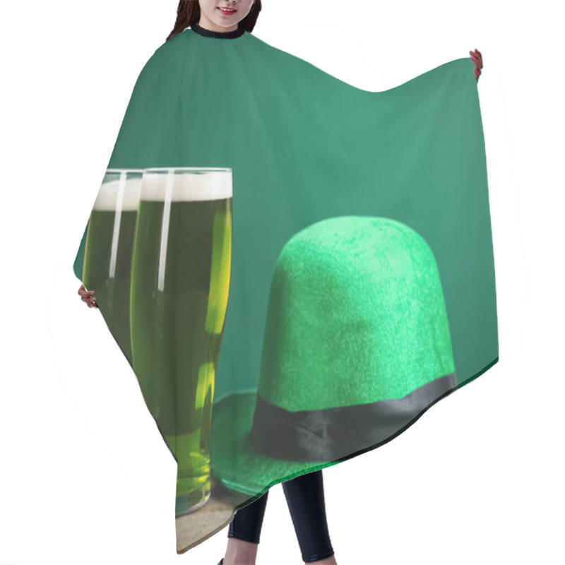 Personality  Green Beer And Hat On Wooden Table. St. Patrick's Day Celebration Hair Cutting Cape