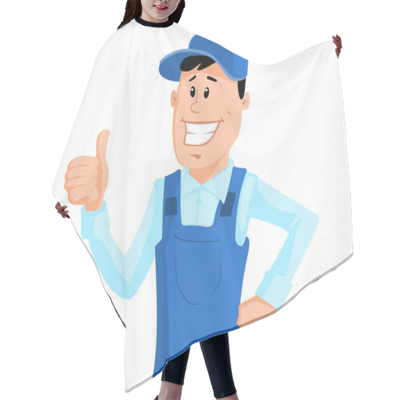 Personality  Worker In Blue Workwear Show Thumb Up Hair Cutting Cape