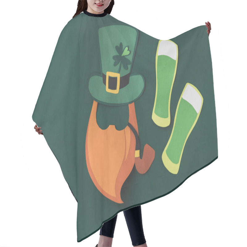 Personality  Top View Of Paper Decoration Of Smoking Leprechaun And Beer For St Patricks Day Isolated On Green Hair Cutting Cape