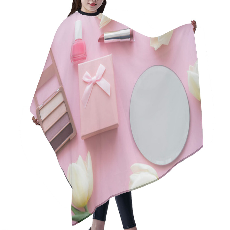 Personality  Top View Of White Tulips, Gift Box And Decorative Cosmetics On Pink Hair Cutting Cape