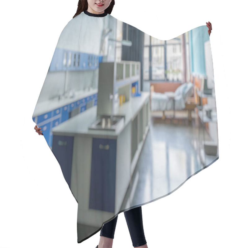 Personality  Blurred Interior Of Laboratory Room, Room In Medical Center Or Hospital. Hair Cutting Cape