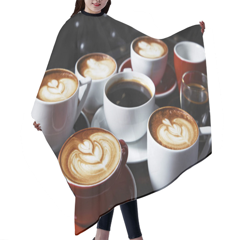 Personality  Many Cups Of Coffee On Wooden Table, Top View Hair Cutting Cape