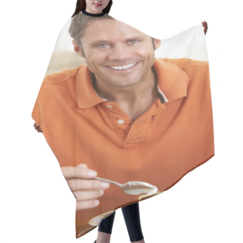 Personality  Middle Aged Man Eating Chocolate Cake Hair Cutting Cape