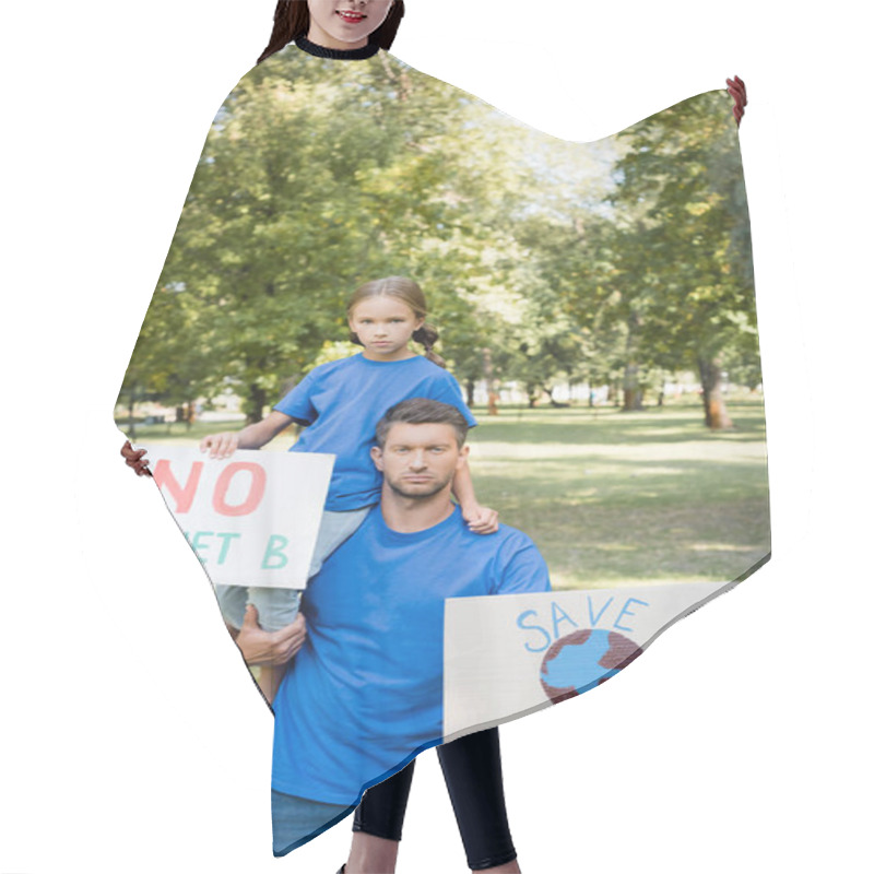 Personality  Father And Daughter Holding Placards With Globe And No Planet B Inscription, Ecology Concept Hair Cutting Cape