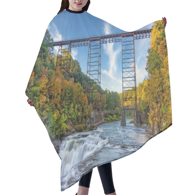 Personality  The Upper Falls And Railroad Trestle At Letchworth State Park In New York Hair Cutting Cape