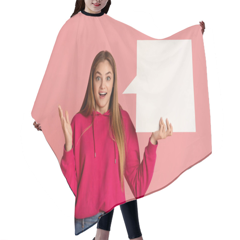 Personality  Teenager Girl Holds Abstract Place For Words Hair Cutting Cape