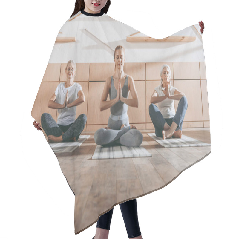 Personality  Group Of Women Meditating In Lotus Yoga Pose With Namaste Mudra Hair Cutting Cape