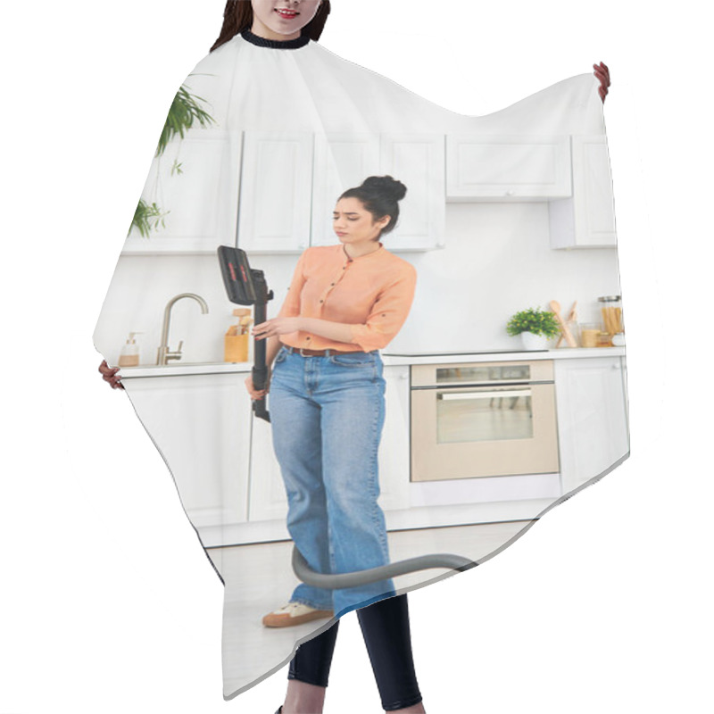 Personality  A Stylish Woman In Casual Attire Gracefully Vacuums The Kitchen Floor, Bringing A Touch Of Elegance To Everyday Household Tasks. Hair Cutting Cape