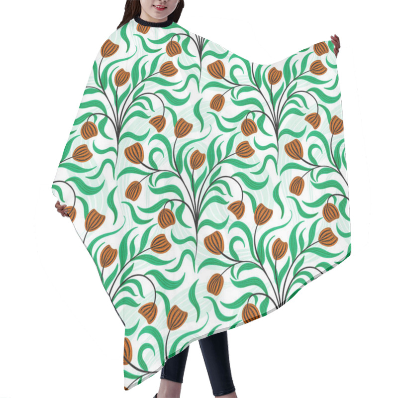 Personality  Seamless Pattern With Leaves And Tulip Flowers. Hand Drawn Illustration For Fabric Design, Wrapping Papers, Tiles. Hair Cutting Cape