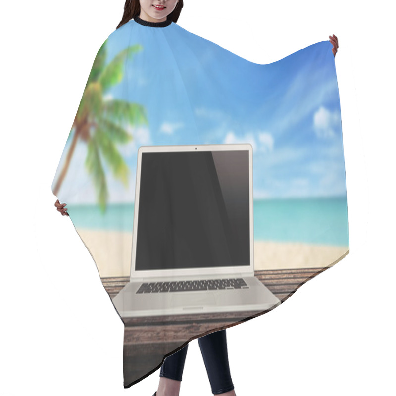 Personality  White Laptop On The Table With A Beach Palm Tree And Sea In The Background Mockup Presentation Hair Cutting Cape