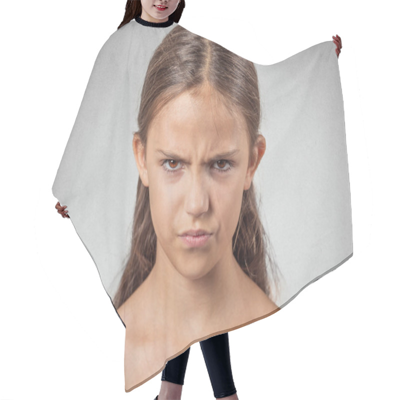 Personality  Headshot Of Angry Teenager Hair Cutting Cape