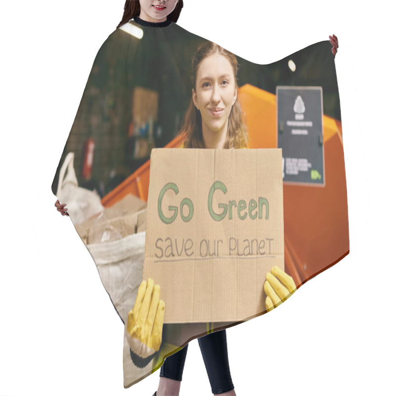 Personality  A Young Volunteer In Gloves And Safety Vest Advocates For Environmental Action By Holding A Go Green Save Our Planet Sign. Hair Cutting Cape