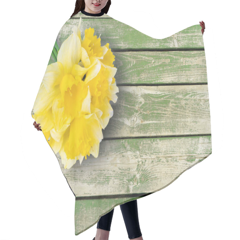 Personality  Bouquet Of Yellow Daffodils, Narcissus On Green Wooden Background With Copy Space. Mockup, Template For Holiday, Birthday, Mother's Day On Yellow Background. Top View, Flat Lay With Copy Space Hair Cutting Cape