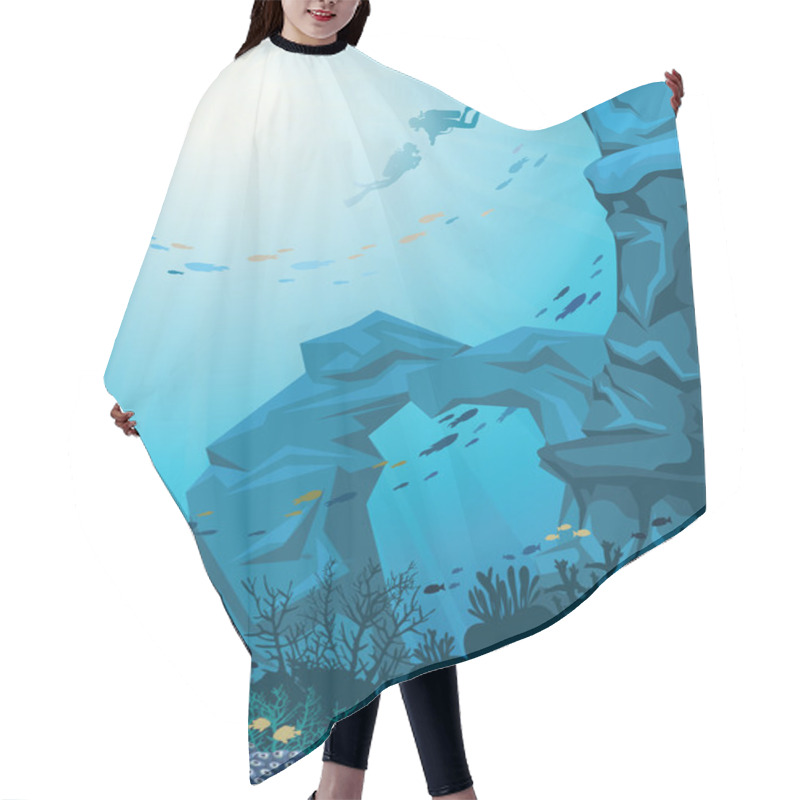 Personality  Underwater Sea - Divers, Cave And Coral Reef. Hair Cutting Cape