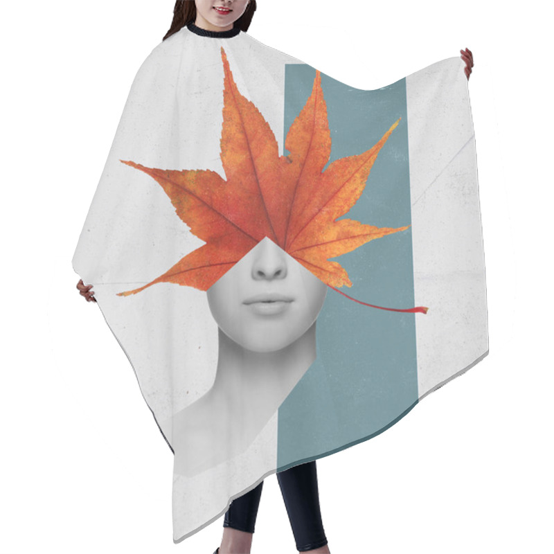 Personality  Minimalism, Contemporary Art Collage. Inspiration, Idea, Trendy Urban Magazine Style. Black And White Portrait Of Woman With Autumn Leaf Instead Of Face. Autumn Mood Concept Hair Cutting Cape