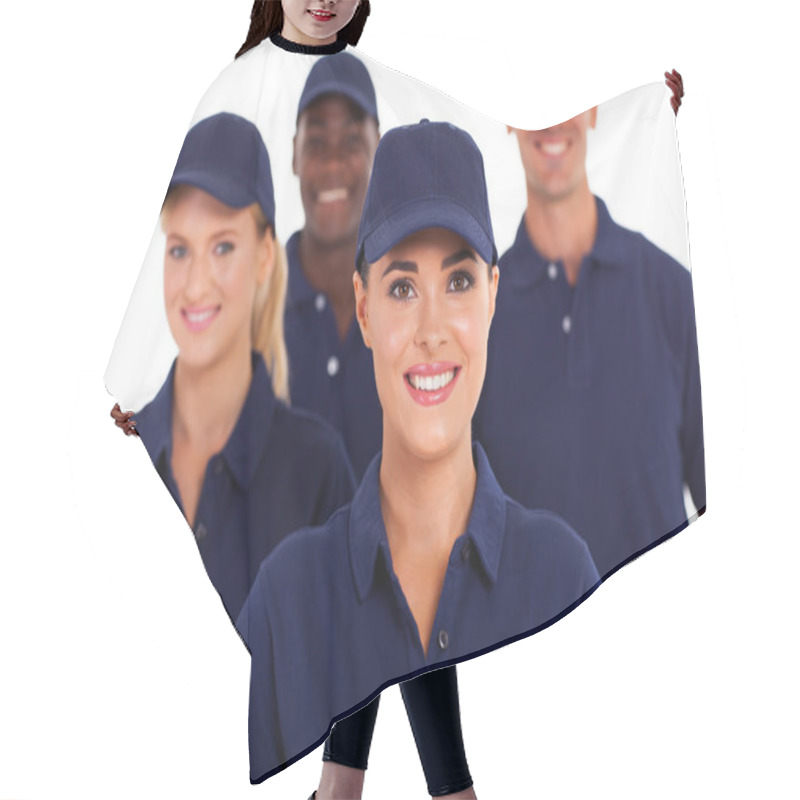 Personality  Group Of Service Industry Staff Closeup On White Hair Cutting Cape