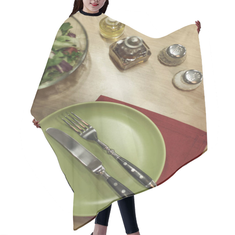 Personality  Top View Of Arranged Salad In Bowl, Cutlery, Napkin And Spices On Wooden Surface Hair Cutting Cape