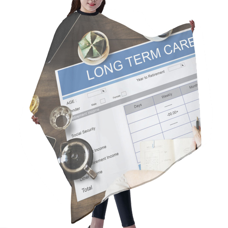 Personality  Table With Poster With Long Term Care  Hair Cutting Cape