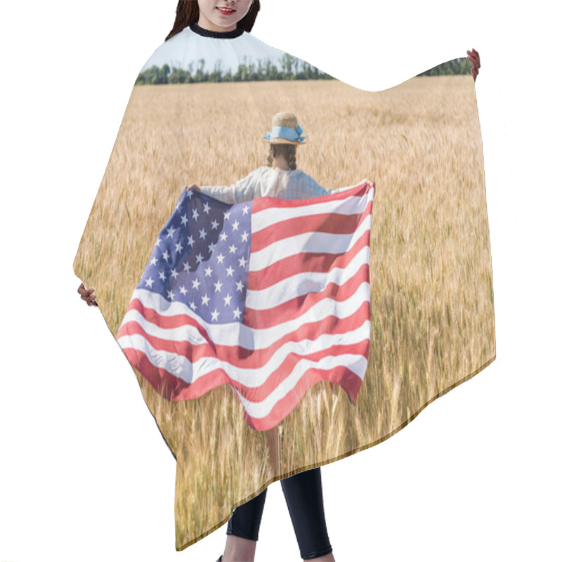 Personality  Back View Of Kid In Straw Hat Holding American Flag In Golden Field  Hair Cutting Cape