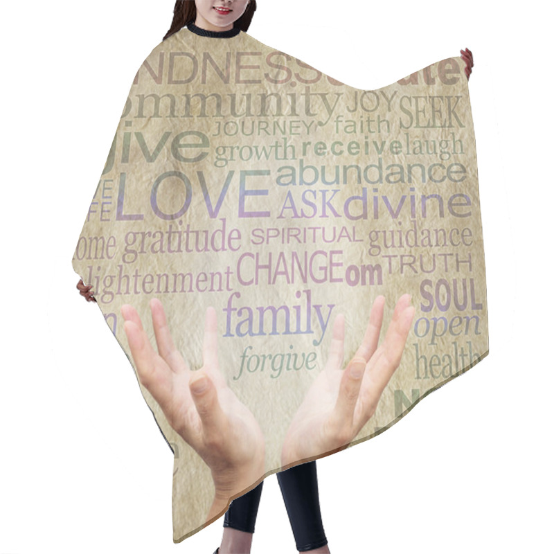 Personality  Healing Words And Hands On Rustic Parchment Hair Cutting Cape