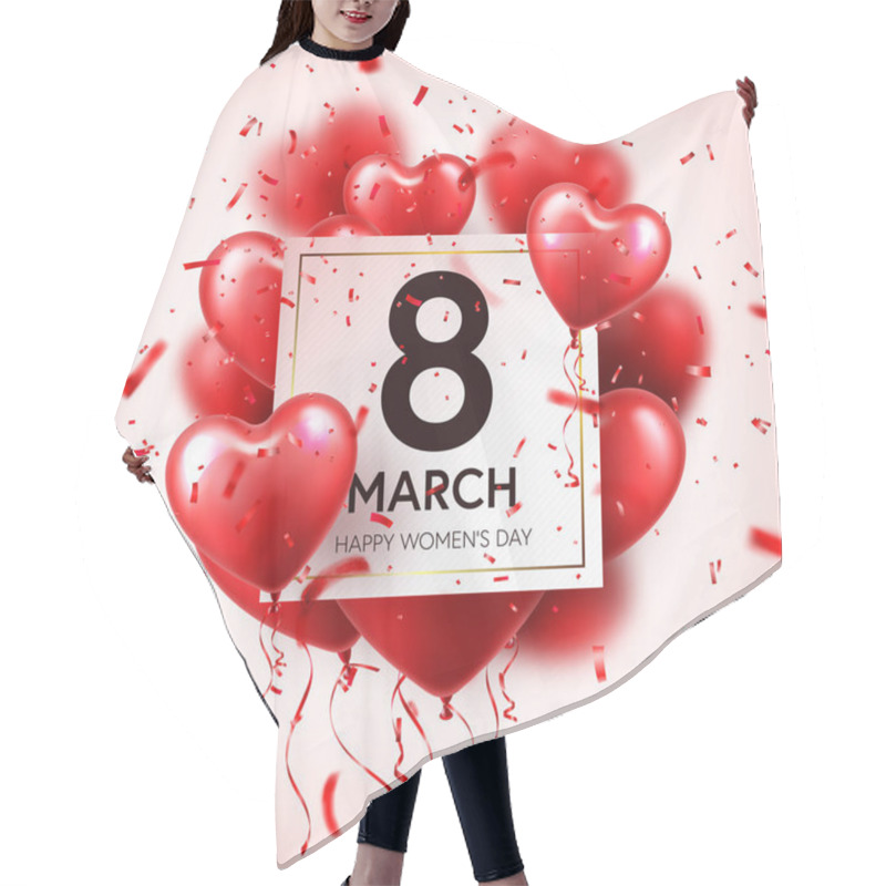 Personality  Womens Day Red Background With Balloons, Heart Shape.Confetti And Ribbon. Love Symbol. March 8. I Love You. Spring Holiday. Hair Cutting Cape