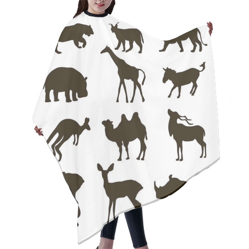 Personality  Black Silhouettes Of An African Animals, Lion, Hippopotamus, Kangaroo,tiger, Zebra, Camel, Deer, Lynx, Elephant Hair Cutting Cape