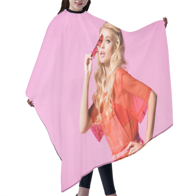 Personality  Beautiful Girl Posing With Sunglasses Isolated On Pink, Doll Concept Hair Cutting Cape