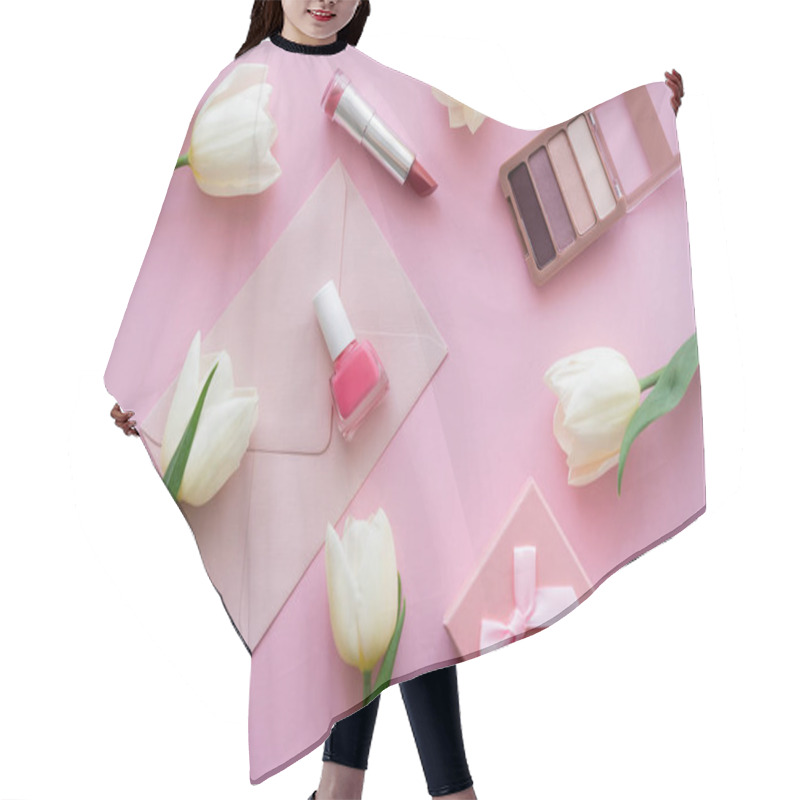 Personality  Top View Of White Tulips Near Envelope, Gift Box And Decorative Cosmetics On Pink Hair Cutting Cape