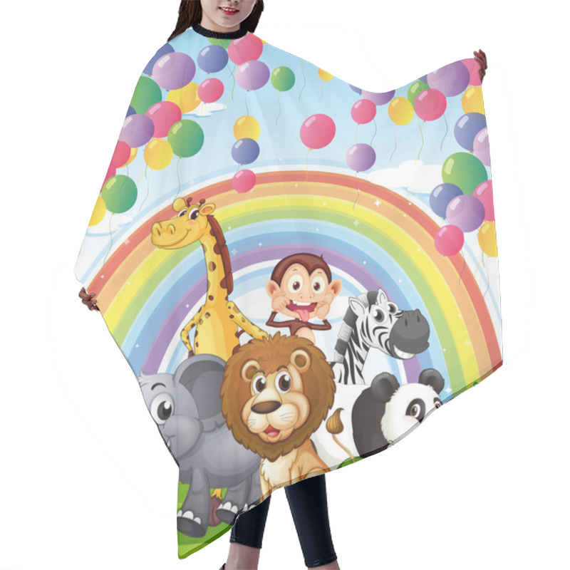 Personality  Animals Below The Floating Balloons And Rainbow Hair Cutting Cape