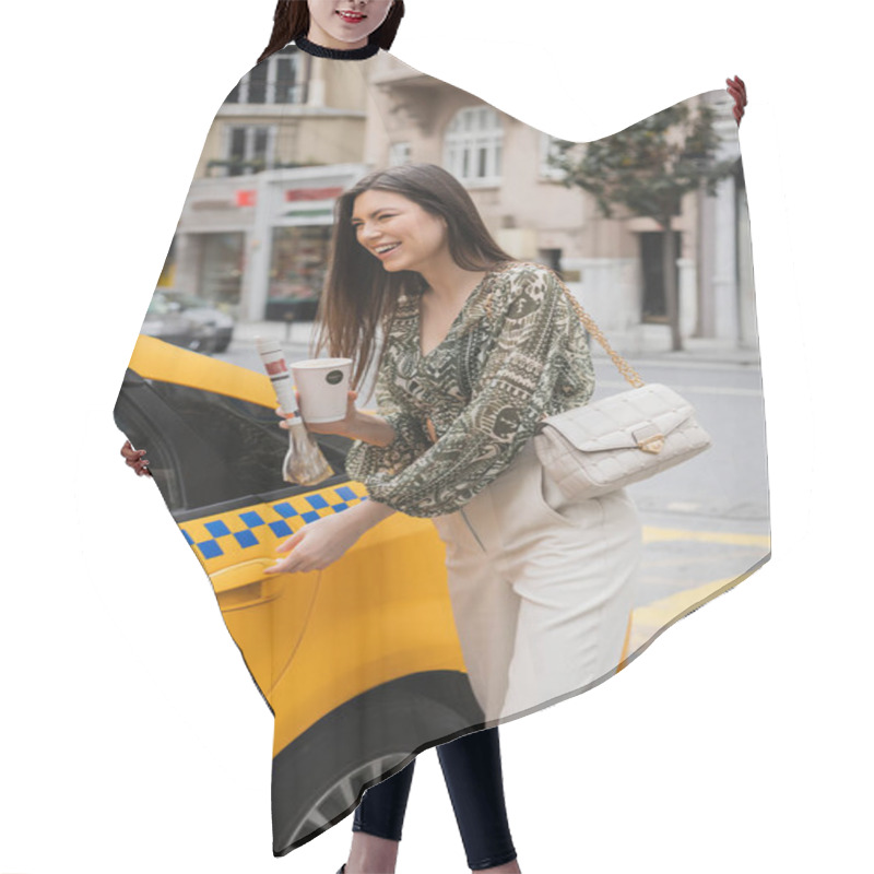 Personality  Happy Woman With Long Hair Holding Paper Cup With Coffee And Newspaper While Standing In Trendy Outfit With Handbag And Opening Door Of Yellow Taxi On Blurred Urban Street In Istanbul  Hair Cutting Cape