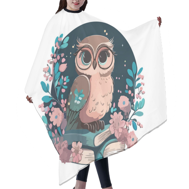 Personality  Wise Owl With Glasses Sitting On A Book, Cosmic Background With Moon And Stars Decorated By Flower Frame In White Background Hair Cutting Cape