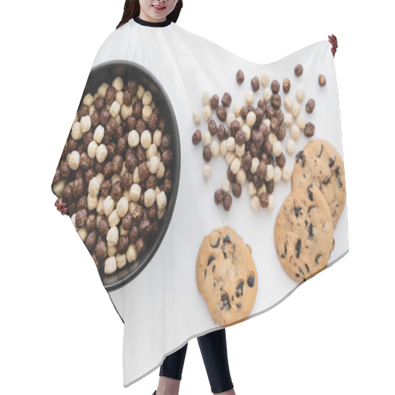 Personality  Top View Of Cereal Balls In Bowl Near Chocolate Chip Cookies Isolated On White  Hair Cutting Cape