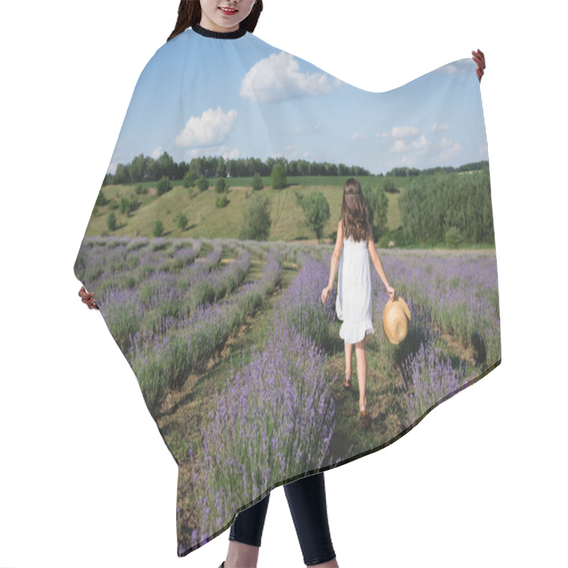 Personality  Back View Of Brunette Girl In White Dress Walking In Lavender Field With Straw Hat Hair Cutting Cape