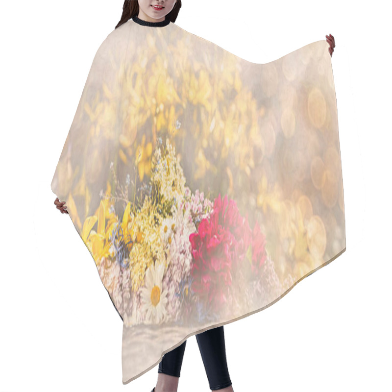 Personality  Beautiful Meadow Flower Background And Painting Effect. Hair Cutting Cape