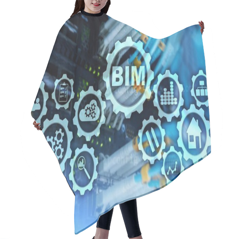 Personality  Building Information Modeling. BIM On The Virtual Screen With A Server Data Center Background Hair Cutting Cape