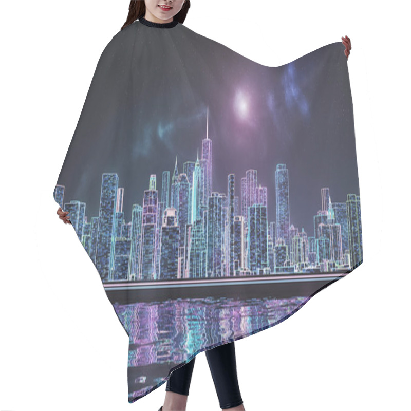 Personality  Retrowave Or Synthwave New York City Manhattan Skyline 3D Rendering Illustration. Generic Futuristic Neon Cityscape Concept. Hair Cutting Cape