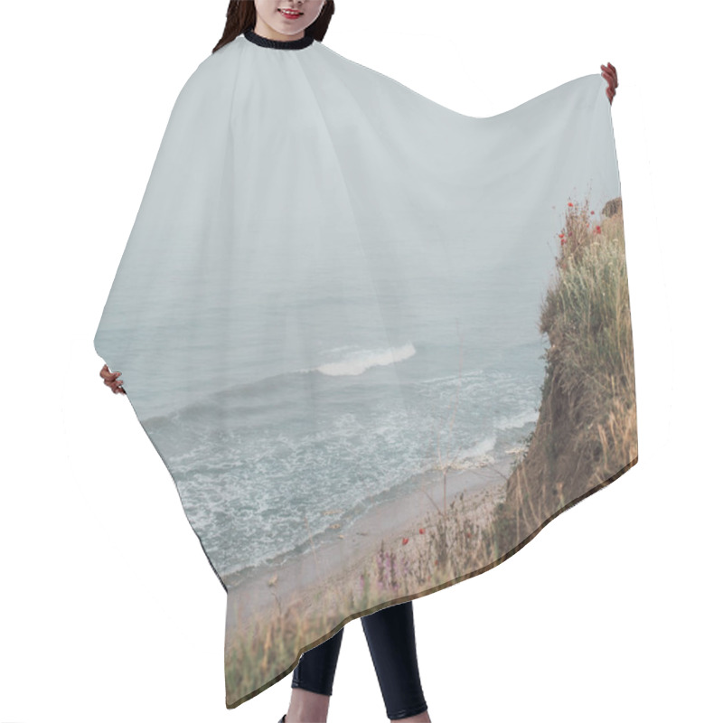 Personality  Minimal Seascape On A Foggy Day. Coast View From Above With Waves And Sea Foam On The Peaceful Shore. Wild Hidden Beach Landscape In The Morning Mist. Zen Mind And Meditation Mood. Square Frame. Hair Cutting Cape