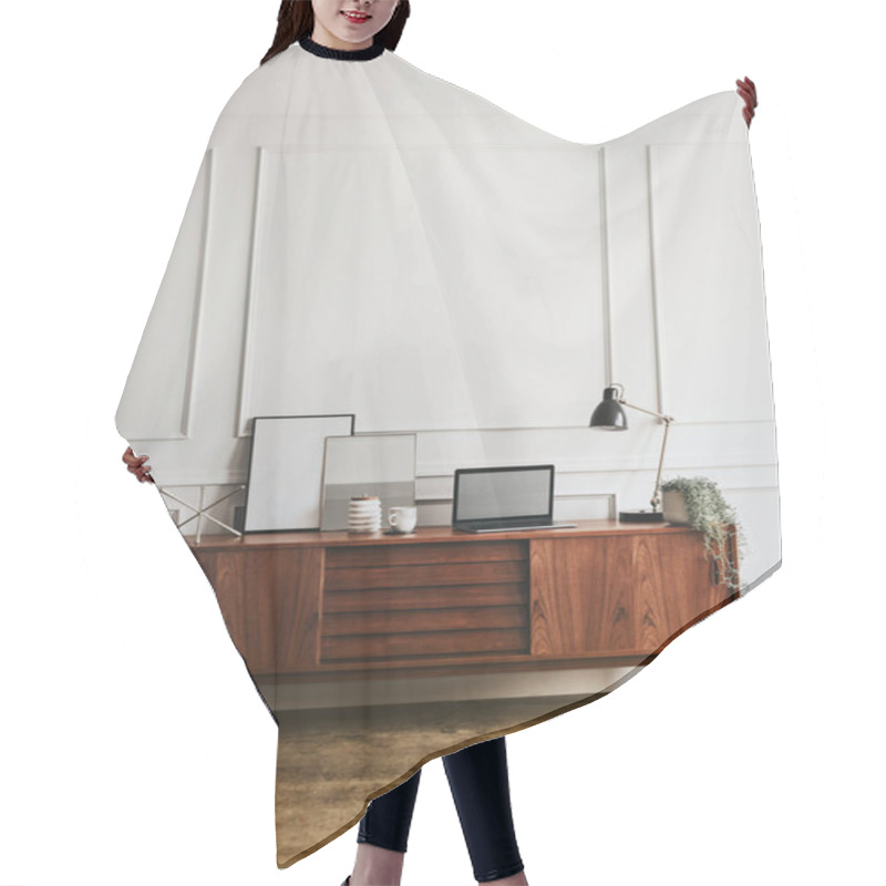 Personality  Wooden Cabinet Against A White Wall Hair Cutting Cape