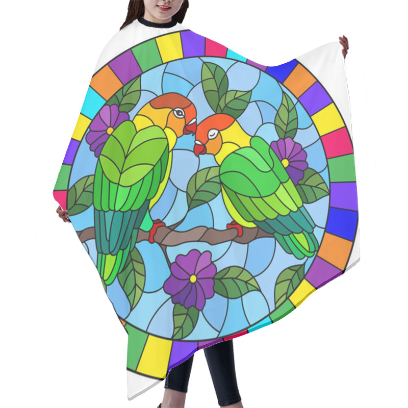 Personality  Illustration In Stained Glass Style  With Pair Of Birds Parrots Lovebirds On Branch  Tree With Purple  Flowers Against The Sky, Oval Image In Bright Frame Hair Cutting Cape