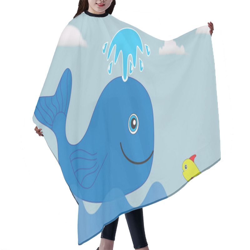 Personality  A Large Blue Whale And A Small Fish Float In The Sea. Hair Cutting Cape