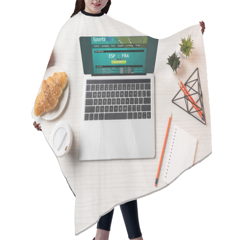 Personality  Top View Of Laptop With Sports Bet Website, Croissant And Coffee To Go On Office Table    Hair Cutting Cape