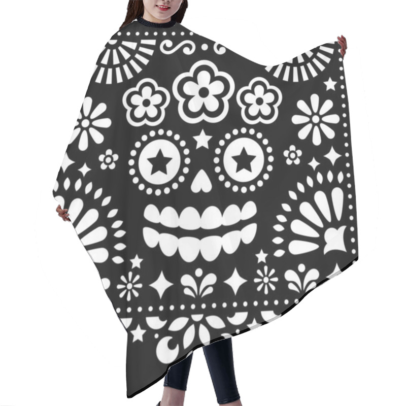 Personality  Mexican Folk Art Vector Folk Art Design With Sugar Skull And Flowers, Halloween And Day Of The Dead White Pattern On Black Background - Greeting Card . Floral Monochrome Background With La Catrina Inspired By Traditional Art Form Mexico Hair Cutting Cape