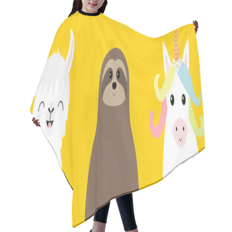 Personality  Alpaca, Llama, Sloth, Unicorn Set. Cute Cartoon Funny Kawaii Character. Childish Baby Collection. T-shirt, Greeting Card, Poster Banner Template Print. Flat Design. Yellow Background Vector Hair Cutting Cape